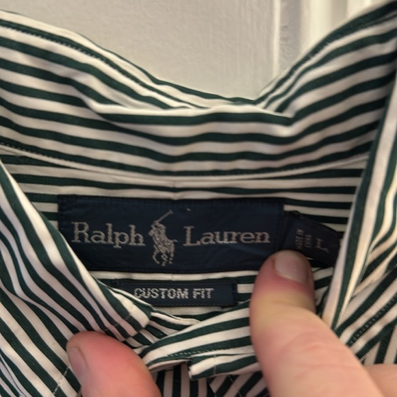 Men’s large, Ralph Lauren, button-down, green and white with purple logo. - Picture 3 of 3
